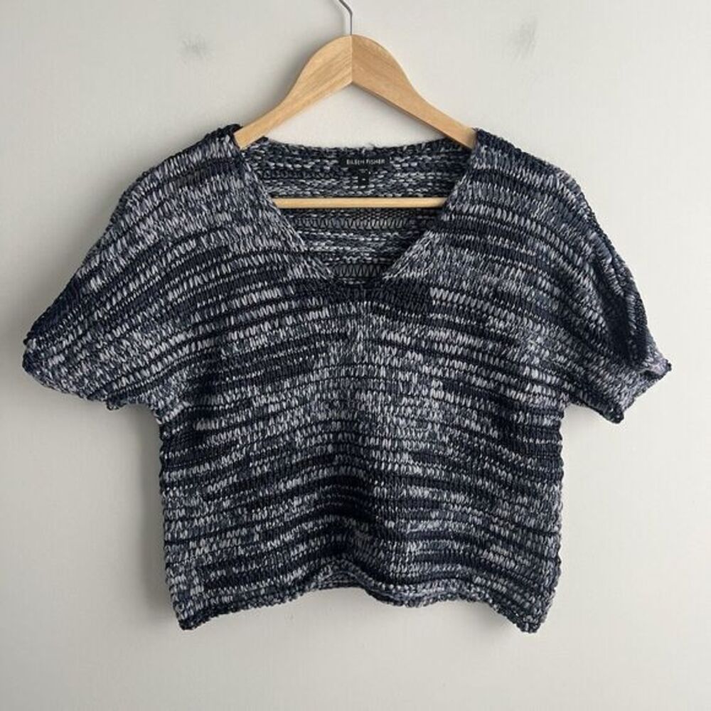 Eileen Fisher Medium Sweater Short Sleeve Cropped Knit Pullover Blue Southwest